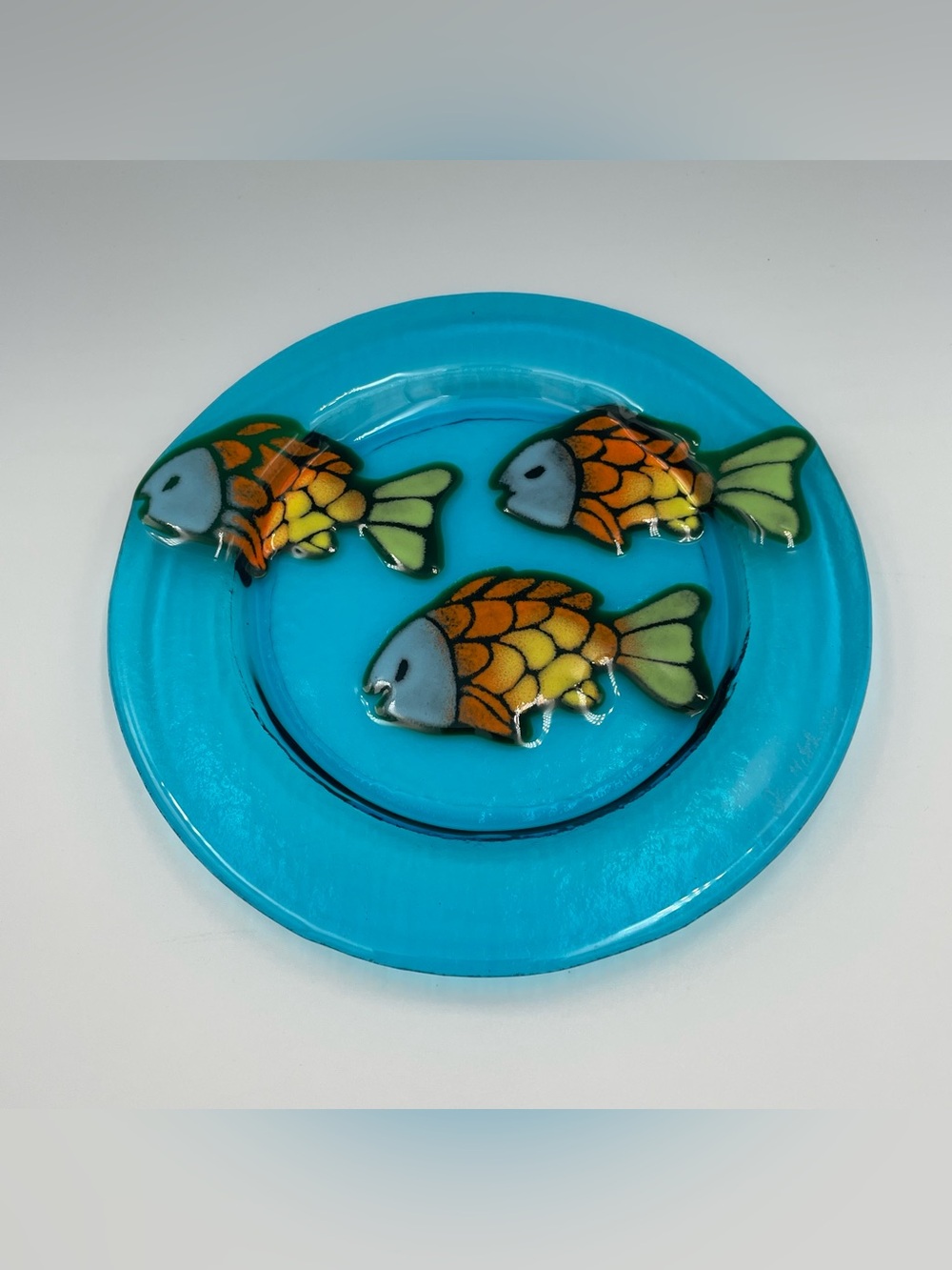 Jan Mitchell Signed Fused Art Glass Fish Plate 7.5”